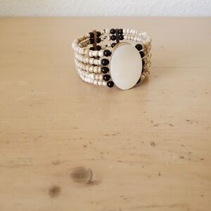 Beautiful Beachy Boho Mother of Pearl Stone Beaded Wide Cuff Bracelet